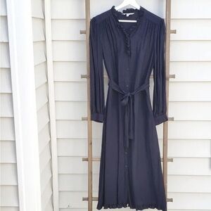 Women's Navy Ruffle-Trim Button-Front Midi Dress with Tie Waist